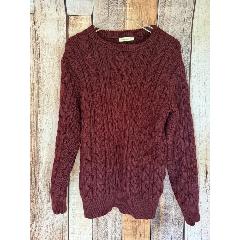 WoolOvers Cable Knit 100% Wool Crewneck Sweater Burgundy Winter Fall Chunky XXL